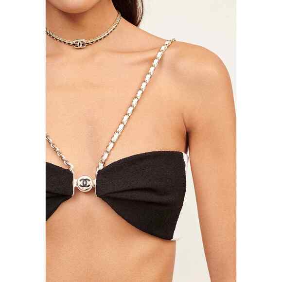 Chanel 22S Runway Black White Gold Chain CC Logo Stretch Cotton Crepe Top Bra 36 - Picture 3 of 12